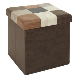 Pouf Coffre Pliable Motif Patchwork Aspect Vieux Cuir