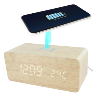 Réveil 2-en-1 Chargeur à Induction Effet Bois Clair