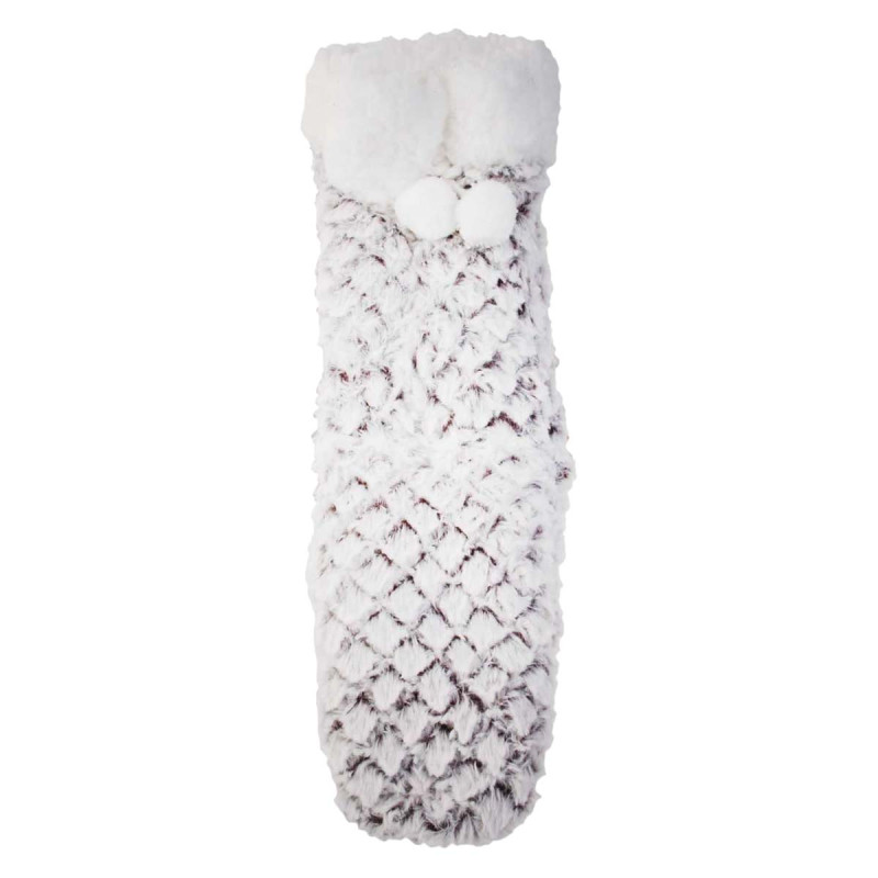 Chaussettes Ultra douces Imitation Fourrure Sherpa Blanc et Gris Antidérapantes avec Pompons