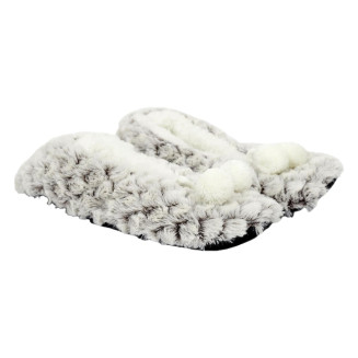 Chaussons Ballerine Ultra doux Imitation Fourrure Sherpa Blanc et Gris Antidérapant avec Pompons
