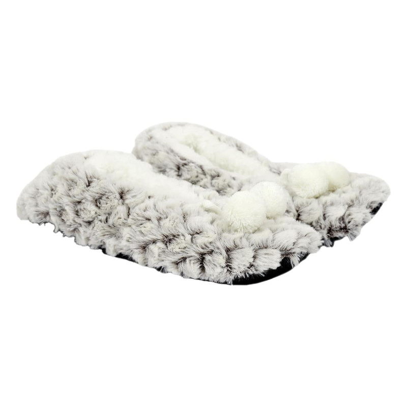 Chaussons Ballerine Ultra doux Imitation Fourrure Sherpa Blanc et Gris Antidérapant avec Pompons