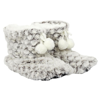 Chaussons Bottines Ultra doux Imitation Fourrure Sherpa Blanc et Gris Antidérapant avec Pompons
