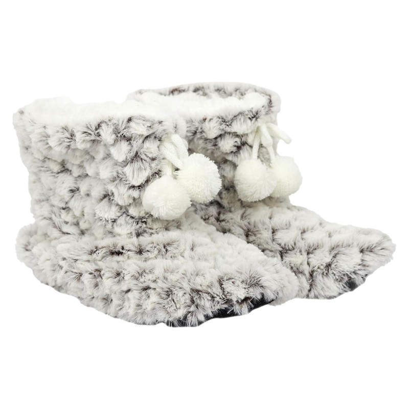 Chaussons Bottines Ultra doux Imitation Fourrure Sherpa Blanc et Gris Antidérapant avec Pompons