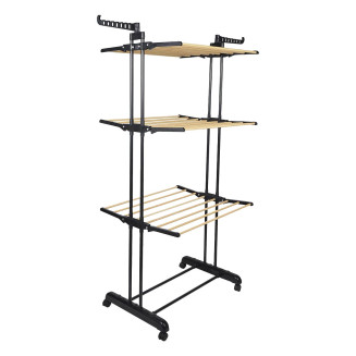 Etendoir Pliable à Roulettes 3 Niveaux Coloris Noir et Effet Bois