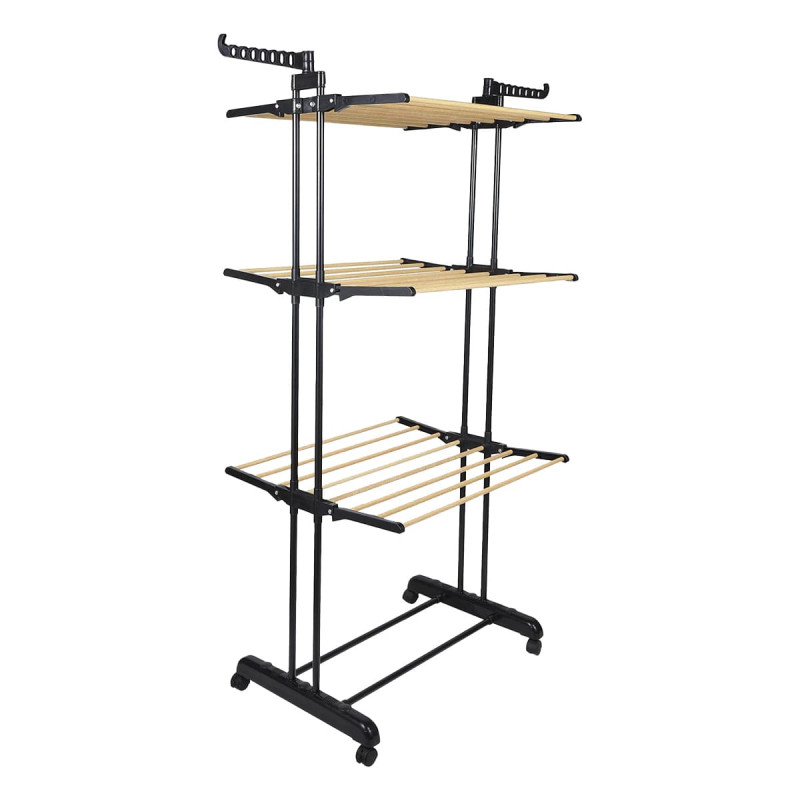 Etendoir Pliable à Roulettes 3 Niveaux Coloris Noir et Effet Bois
