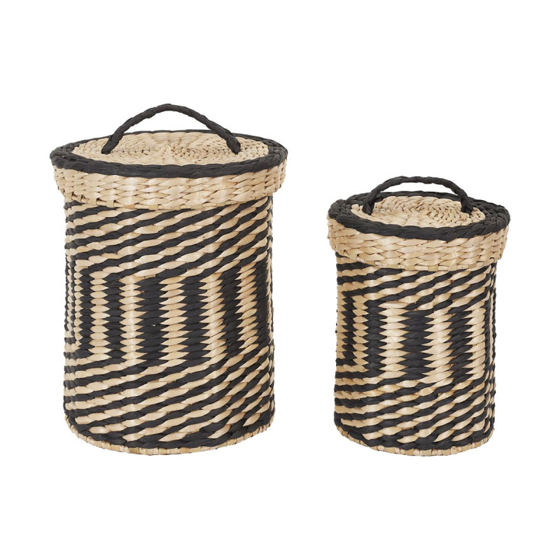Lot de 2 Paniers Tressés Ethniques Coloris Naturel et Noir avec Couvercle Lot de 2 Paniers Tressés Ethniques Coloris Naturel et Noir avec Couvercle