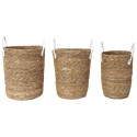 Lot de 3 Paniers Tressés Coloris Naturel avec Anses en Simili Cuir Blanc