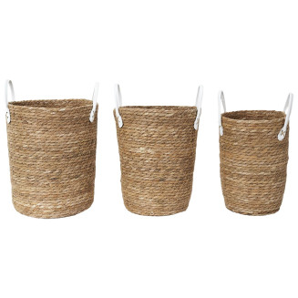 Lot de 3 Paniers Tressés Coloris Naturel avec Anses en Simili Cuir Blanc