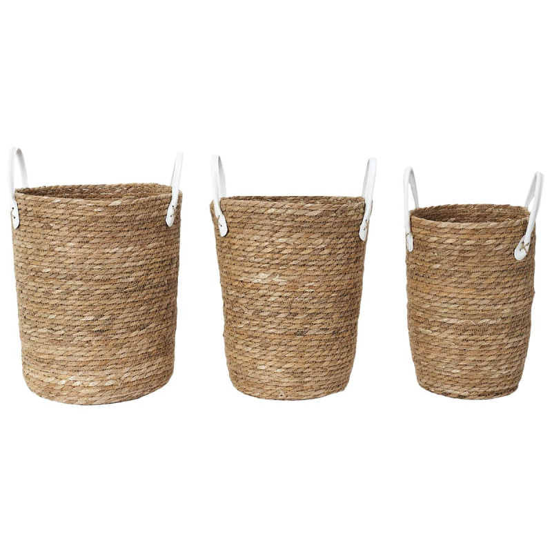 Lot de 3 Paniers Tressés Coloris Naturel avec Anses en Simili Cuir Blanc Lot de 3 Paniers Tressés Coloris Naturel avec Anses en Simili Cuir Blanc