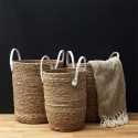 Lot de 3 Paniers Tressés Coloris Naturel avec Anses en Simili Cuir Blanc