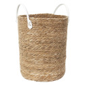 Lot de 3 Paniers Tressés Coloris Naturel avec Anses en Simili Cuir Blanc
