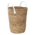 Lot de 3 Paniers Tressés Coloris Naturel avec Anses en Simili Cuir Blanc