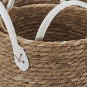 Lot de 3 Paniers Tressés Coloris Naturel avec Anses en Simili Cuir Blanc