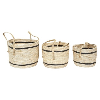 Lot de 3 Paniers Tressés Bicolores en Fibre de Maïs Coloris Naturel et Noir avec Anses