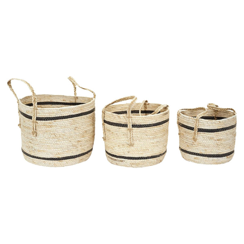 Lot de 3 Paniers Tressés Bicolores en Fibre de Maïs Coloris Naturel et Noir avec Anses Lot de 3 Paniers Tressés Bicolores en Fibre de Maïs Coloris Naturel et Noir avec Anses