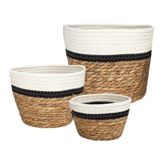 Lot de 3 Corbeilles Tressées en Jonc de Mer Naturel et Coton Noir et Blanc