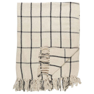 Plaid Jeté de Canapé 125x150cm Beige Imprimé Carreaux Noirs avec Franges