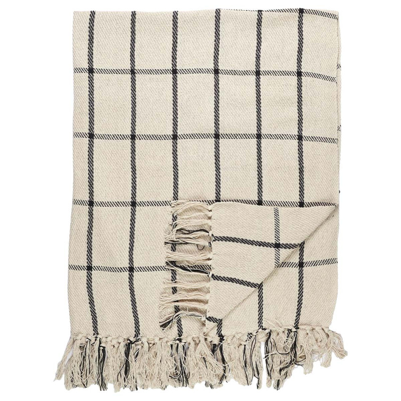 Plaid Jeté de Canapé 125x150cm Beige Imprimé Carreaux Noirs avec Franges Plaid Jeté de Canapé 125x150cm Beige Imprimé Carreaux Noirs avec Franges