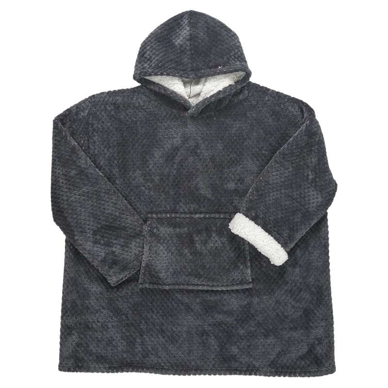 Sweat à Capuche Plaid Ultra Doux Effet Nid d'Abeille Gris Anthracite Intérieur Sherpa