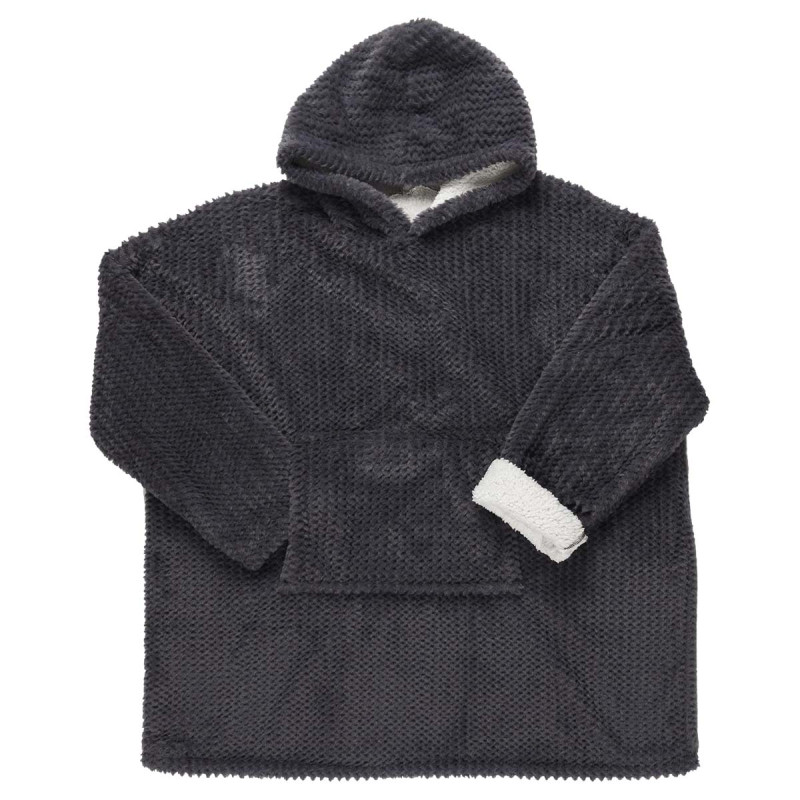 Sweat à Capuche Plaid Ultra Doux Effet Chevron Gris Anthracite Intérieur Sherpa
