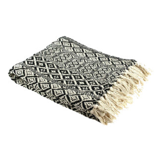 Plaid Jeté de Canapé 120x150cm Style Ethnique Noir et Blanc avec Franges