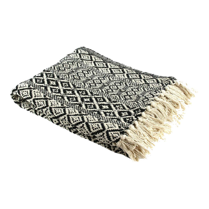 Plaid Jeté de Canapé 120x150cm Style Ethnique Noir et Blanc avec Franges Plaid Jeté de Canapé 120x150cm Style Ethnique Noir et Blanc avec Franges