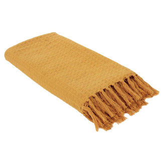 Plaid Jeté de Canapé Gaufré 130x160cm 100% Coton Ocre avec Franges