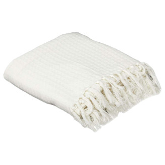 Plaid Jeté de Canapé Gaufré 170x250cm 100% Coton Blanc avec Franges