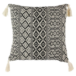Coussin 40x40cm Style Ethnique Noir et Blanc Déhoussable avec Pompons