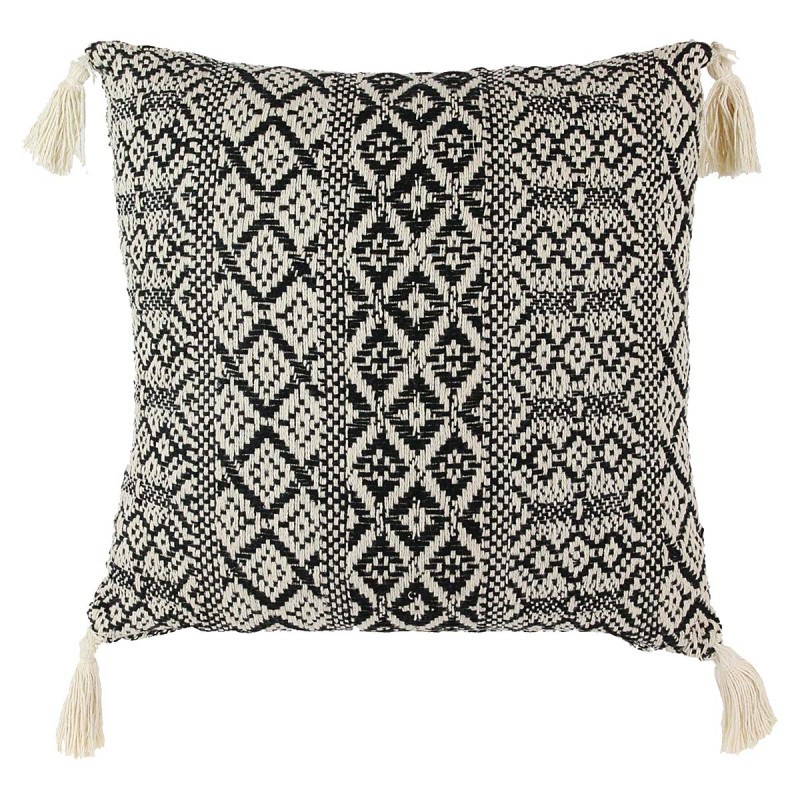 Coussin 40x40cm Style Ethnique Noir et Blanc Déhoussable avec Pompons Coussin 40x40cm Style Ethnique Noir et Blanc Déhoussable avec Pompons