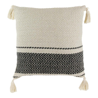 Coussin 40x40cm Style Berbère Beige Motifs Géométriques Noirs avec Pompons Déhoussable