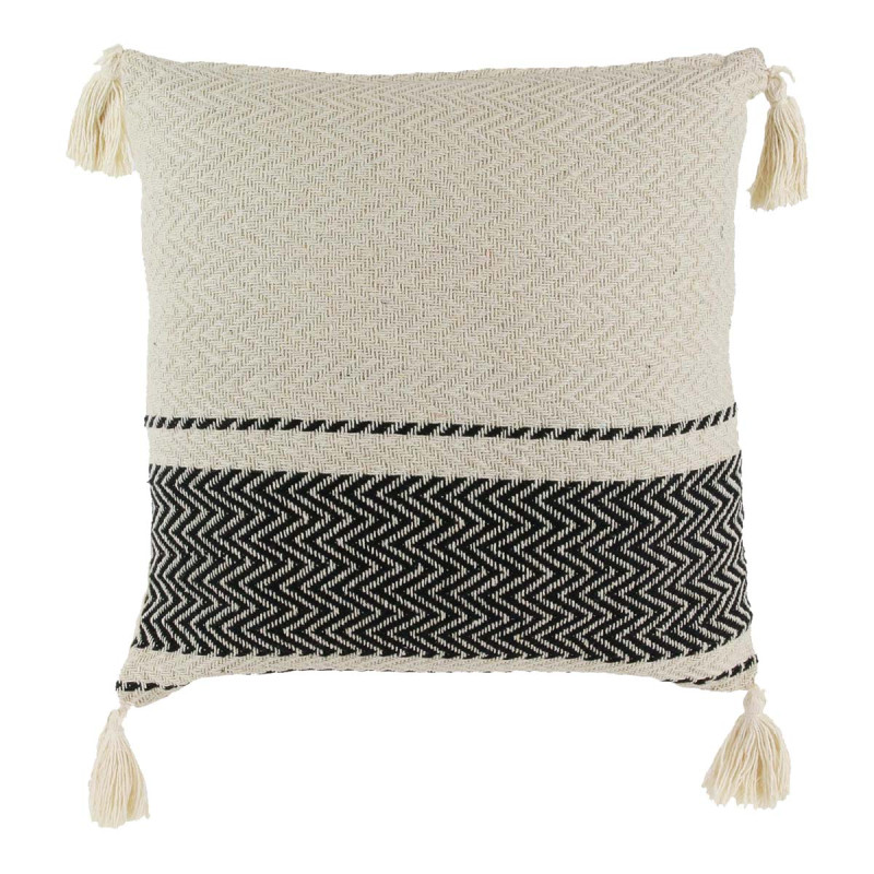 Coussin 40x40cm Style Berbère Beige Motifs Géométriques Noirs avec Pompons Déhoussable
