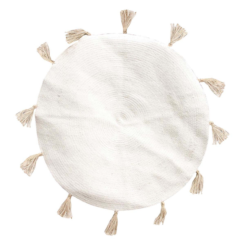 Tapis Rond Ø90cm 100% Blanc avec Pompons Beige Tapis Rond Ø90cm 100% Blanc avec Pompons Beige