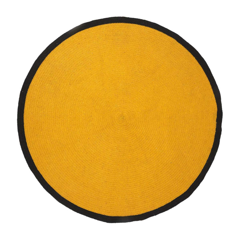 Tapis Rond Ø120cm Style Rétro Coton Jaune Moutarde et Bord Noir Tapis Rond Ø120cm Style Rétro Coton Jaune Moutarde et Bord Noir