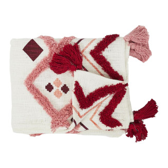 Plaid Jeté Ethnique Tufté 130x150cm Intérieur/Extérieur Coton Blanc et Rose avec Pompons