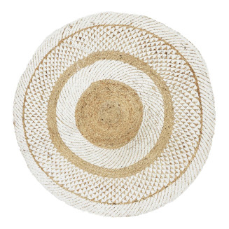 Tapis Rond Ø90cm Jute Tressée Naturelle Imprimé Géométrique Blanc