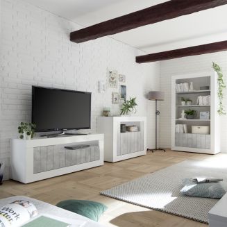 PAOLINO - Ensemble salon blanc laqué et aspect Cimento