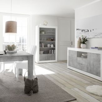 PAOLINO -Ensemble séjour avec table 180cm blanc laqué et aspect Cimento