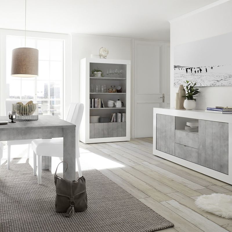 PAOLINO -Ensemble séjour avec table 180cm blanc laqué et aspect Cimento PAOLINO -Ensemble séjour avec table 180cm blanc laqué et aspect Cimento