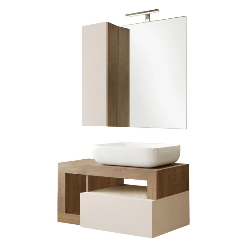 ARTURO - Meuble Vasque 78cm suspendu + Miroir beige et aspect bois finition Mercure