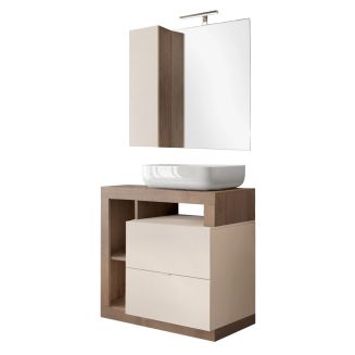 ARTURO - Meuble Vasque 78cm + Miroir beige et aspect bois finition Mercure
