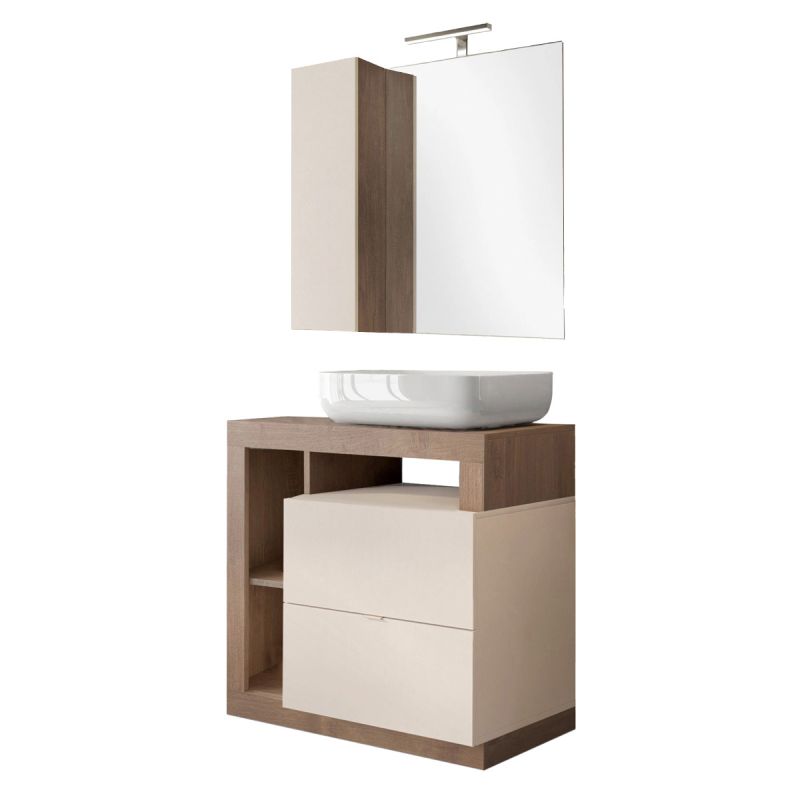 ARTURO - Meuble Vasque 78cm + Miroir beige et aspect bois finition Mercure