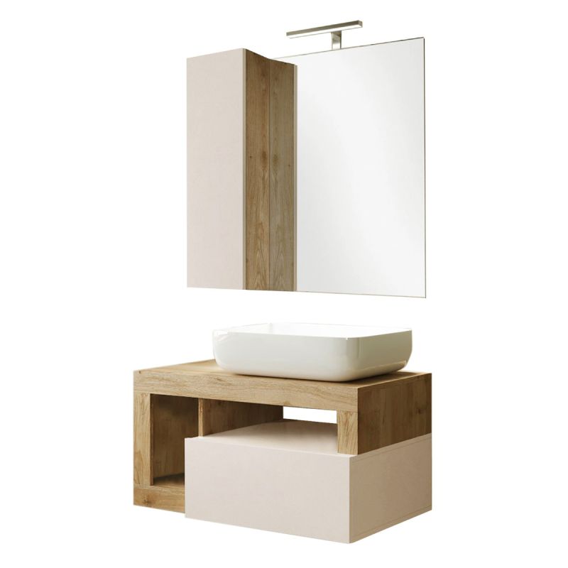 ARTURO - Meuble Vasque 78cm suspendu + Miroir beige et aspect bois finition Cadiz