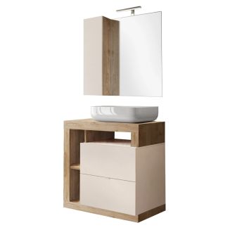 ARTURO - Meuble Vasque 78cm + Miroir beige et aspect bois finition Cadiz
