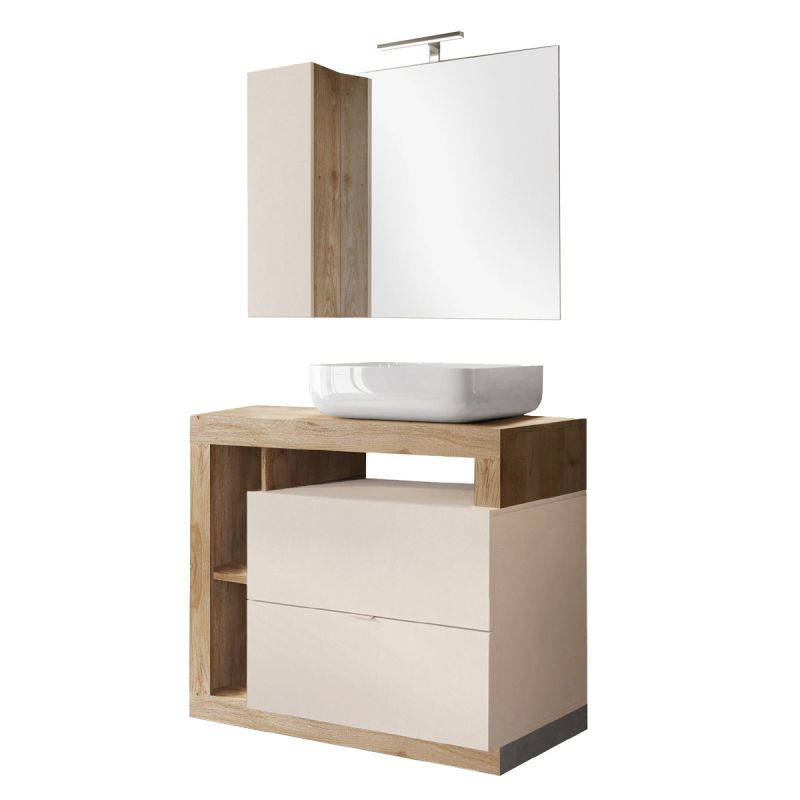 ARTURO - Meuble Vasque 92cm + Miroir beige et aspect bois finition Cadiz