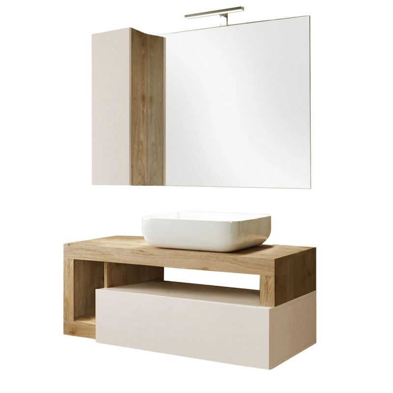 ARTURO - Meuble Vasque 110cm suspendu + Miroir beige et aspect bois finition Cadiz