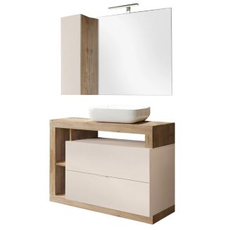 ARTURO - Meuble Vasque 110cm + Miroir beige et aspect bois finition Cadiz