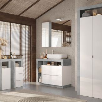 ARTURO - Ensemble meuble vasque 92cm + rangements + armoire blanc et aspect béton