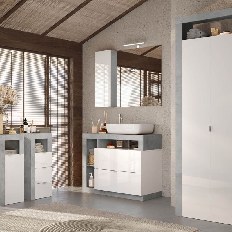 ARTURO - Ensemble meuble vasque 92cm + rangements + armoire blanc et aspect béton