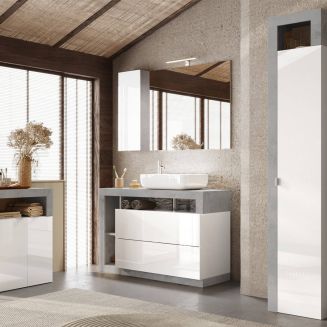 ARTURO - Ensemble meuble vasque 110cm + rangement + armoire 1P blanc et aspect béton